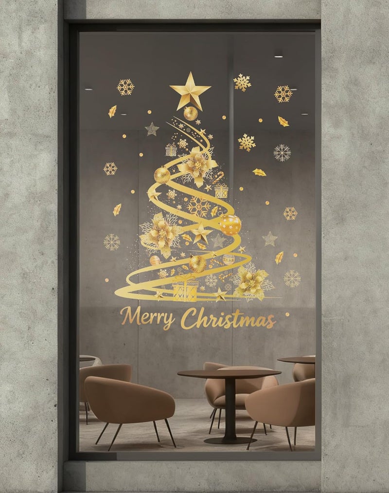 Nullyda Christmas Tree Window Clings for Glass, 19.69 * 15.75 Inch Large Golden Snowflake & Tree Decals, Removable Sticker for Glass Wall Mural Door Showcase DIY Christmas Decor - 2 Pack (Style D) - Image 5